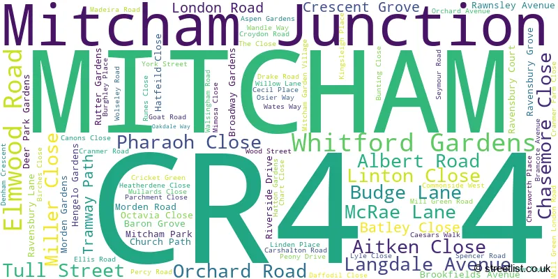 A word cloud for the CR4 4 postcode